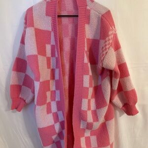SHEIN Pink and White Checkered Cardigan